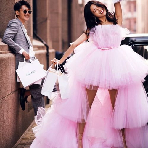 粉色裤子美式婚纱,粉色婚纱街拍图片 -图1